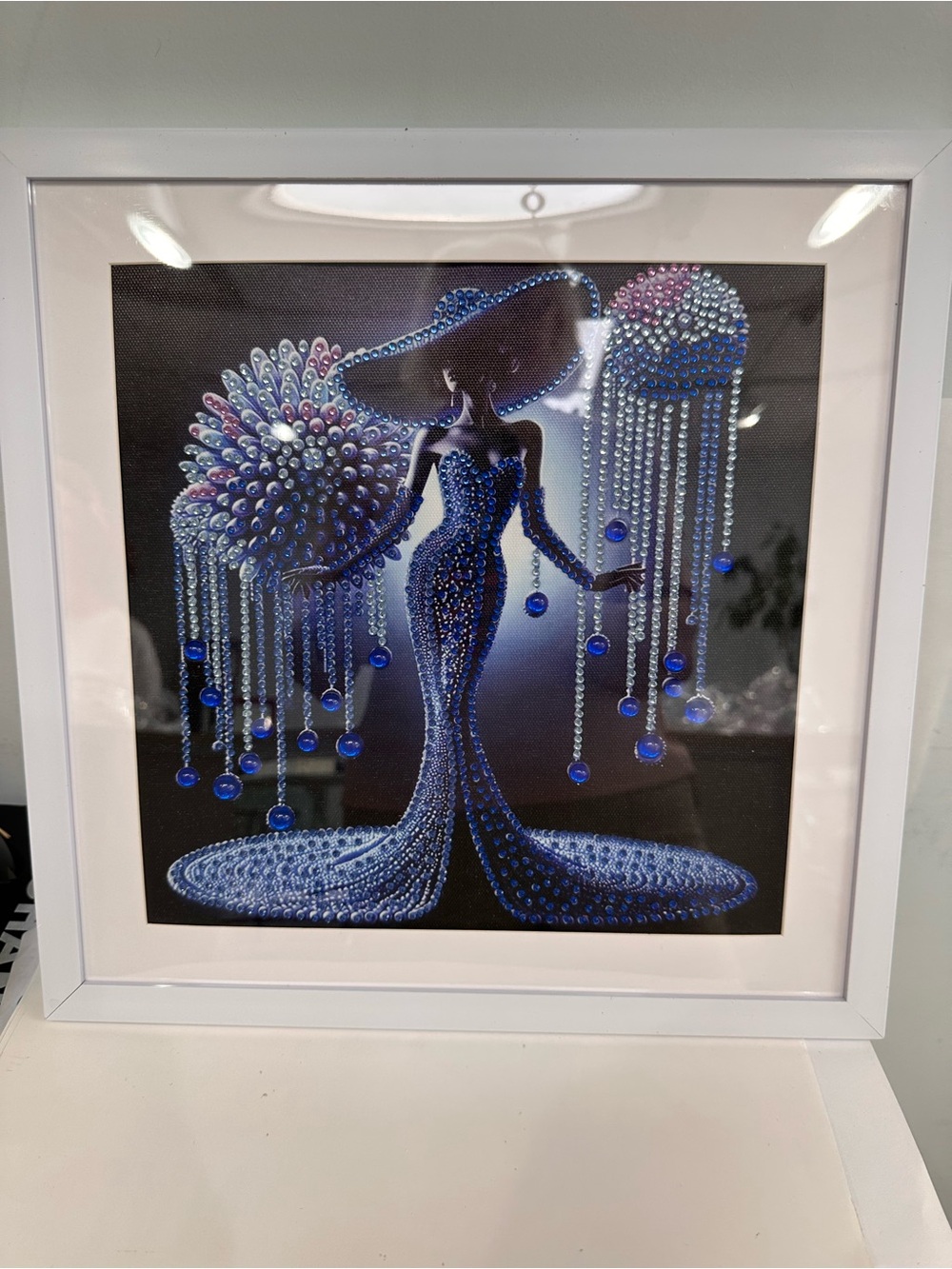 Elegant Blue Beaded Lady Wall Art - Framed Home Décor